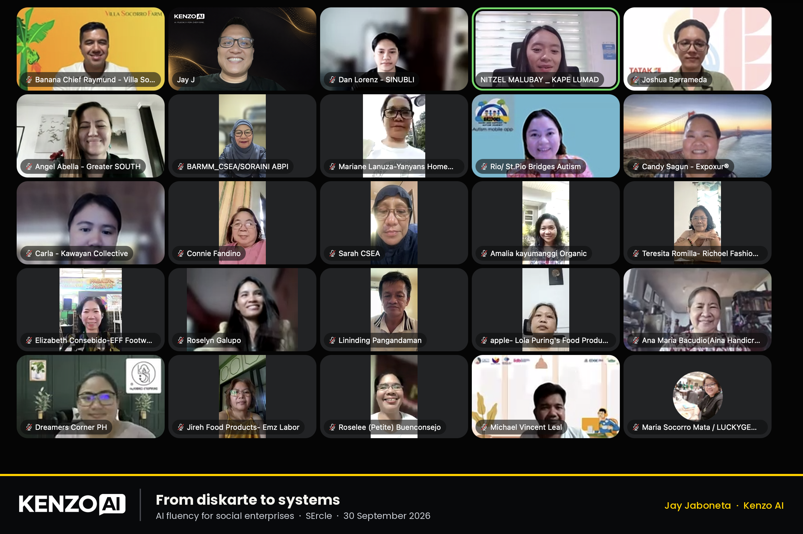 Zoom gallery of social enterprise leaders from across the Visayas and Mindanao with Jay Jaboneta during the Tatak SE Spotlight, From Diskarte to Systems